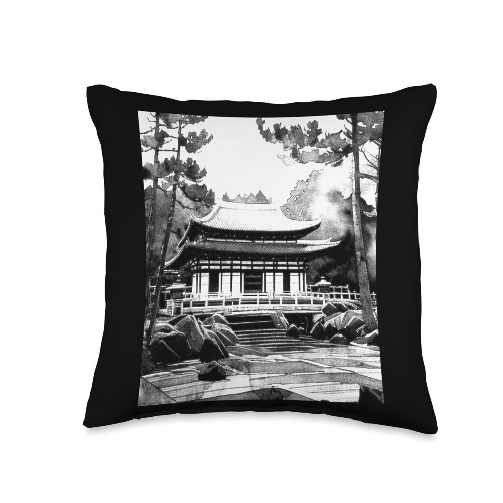 6397 haruno japanese temple illustration japan art Throw Pillow